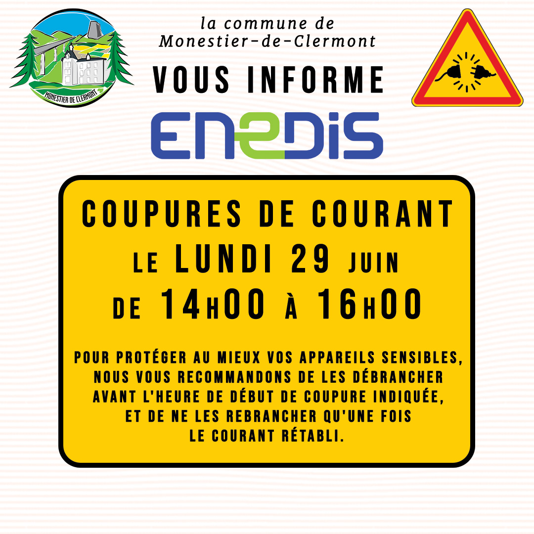 Coupure de courant lundi 29 juin 2026