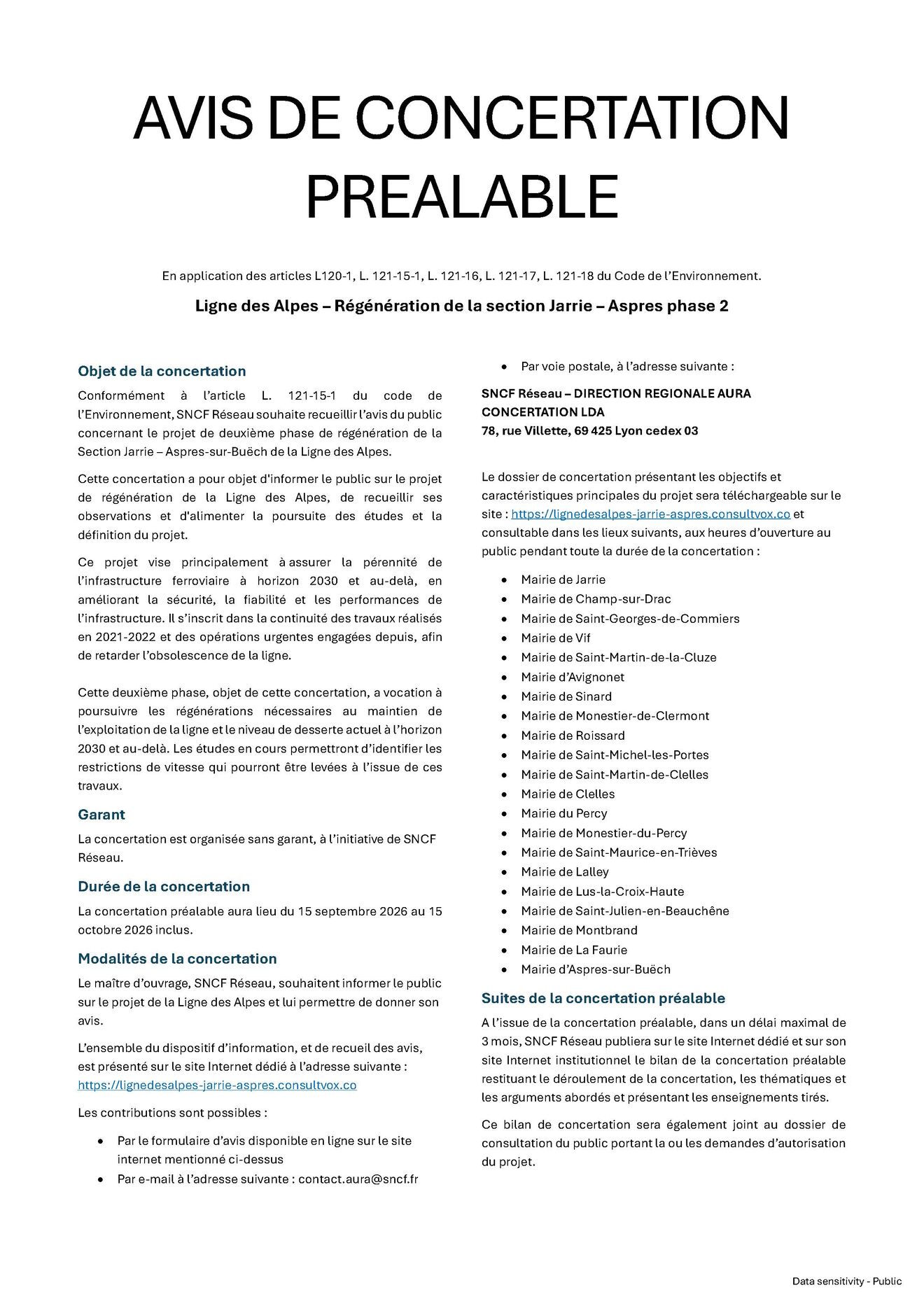 AVIS DE CONCERTATION PREALABLE